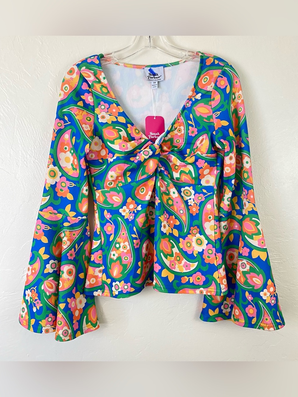 Unique Vintage Smak Parlour Small Green Pink Retro Mod Paisley Bell Sleeve Top